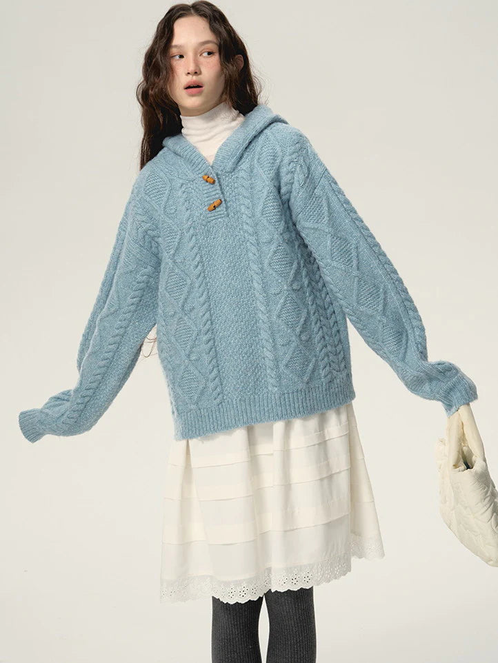 Retro Hoodie Natural Simple Oversize Cable-Knit