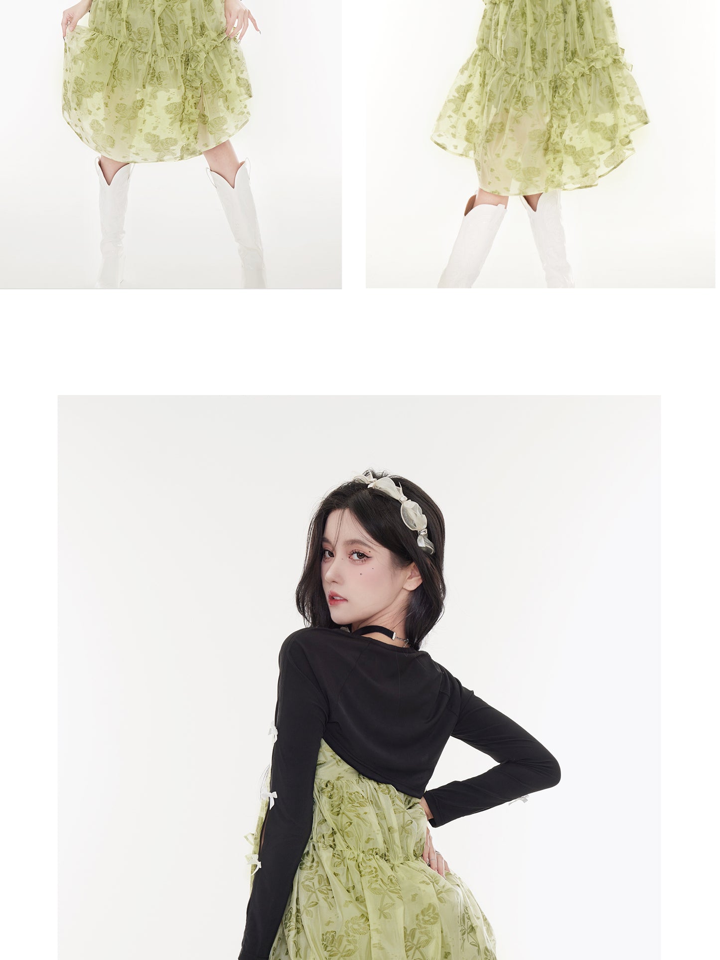 Milk Green Spinach Skirt" - Original vacation style girly spring floral print suspender skirt.