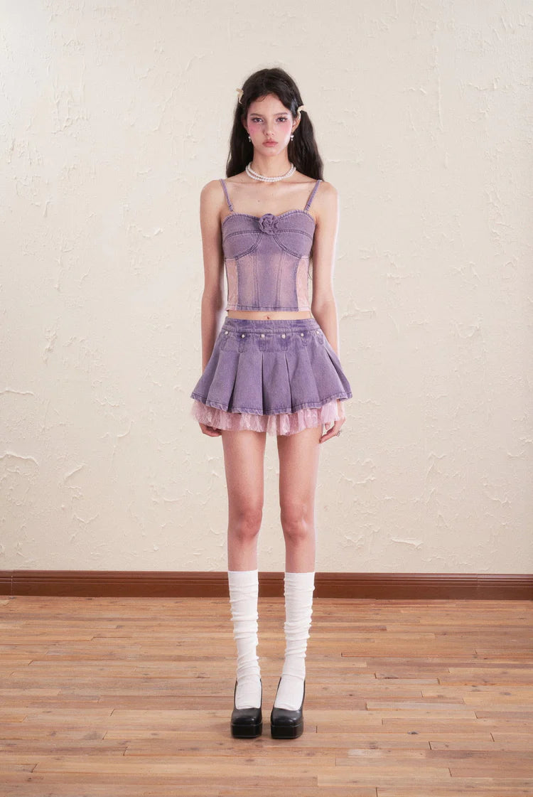 Color-Denim Feminine Lace Rose Tops & Mini-Skirt