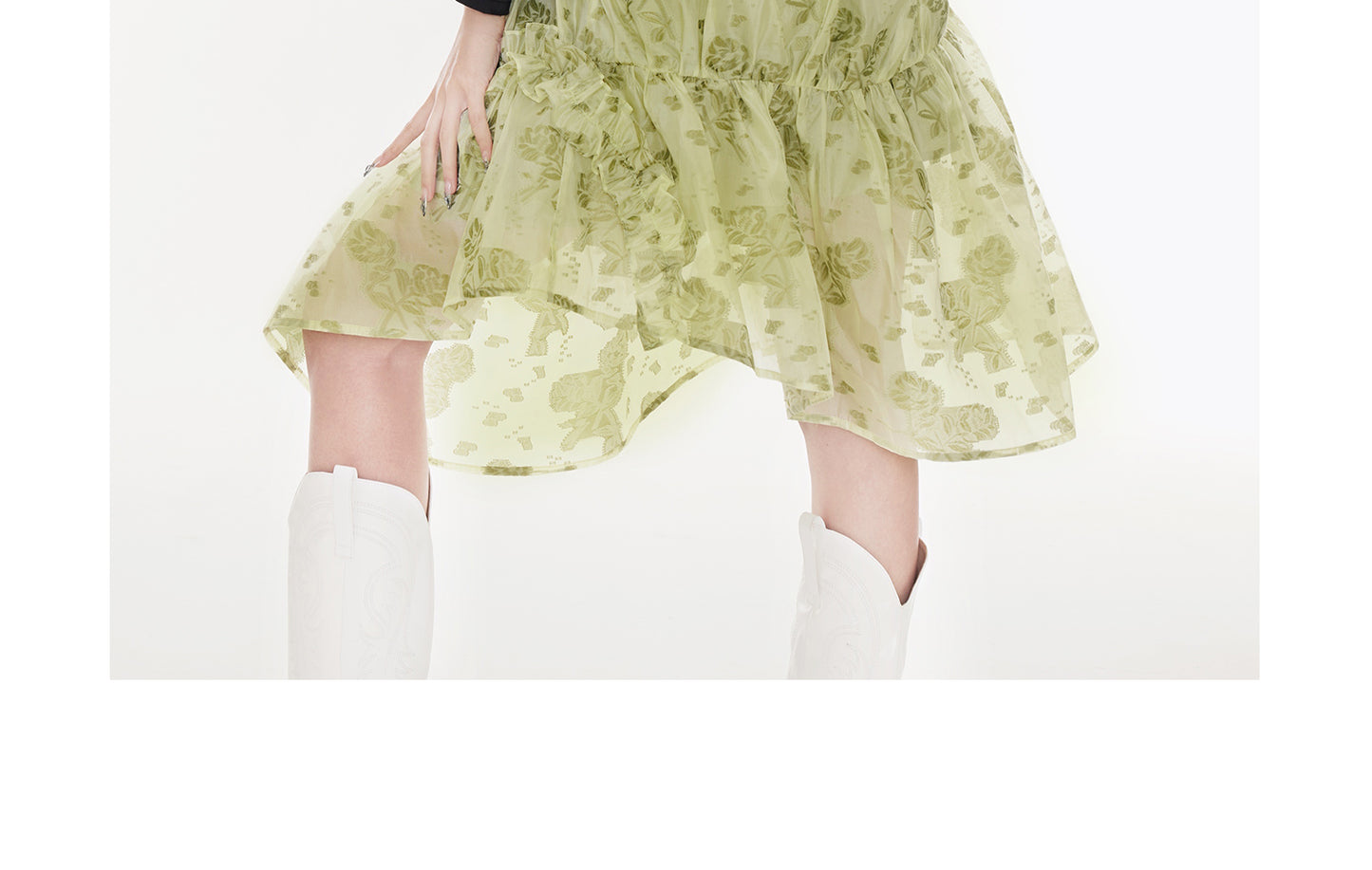 Milk Green Spinach Skirt" - Original vacation style girly spring floral print suspender skirt.