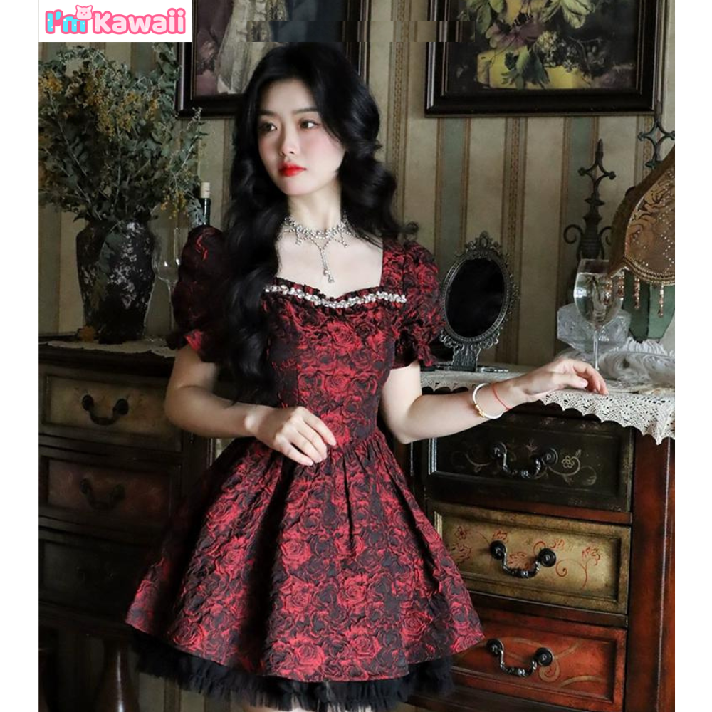 Rose short skirt square-neck lace dress #PN-5011