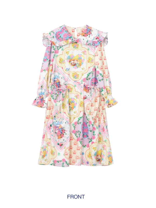 Shimizu Illustration Bear & Girl Print Princess A-line Dress