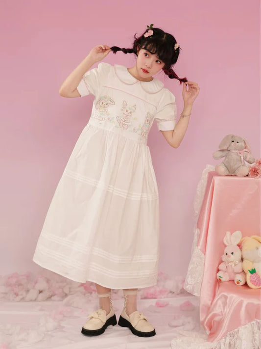 Vintage Animal Embroidery Hand Doll Collar Dress