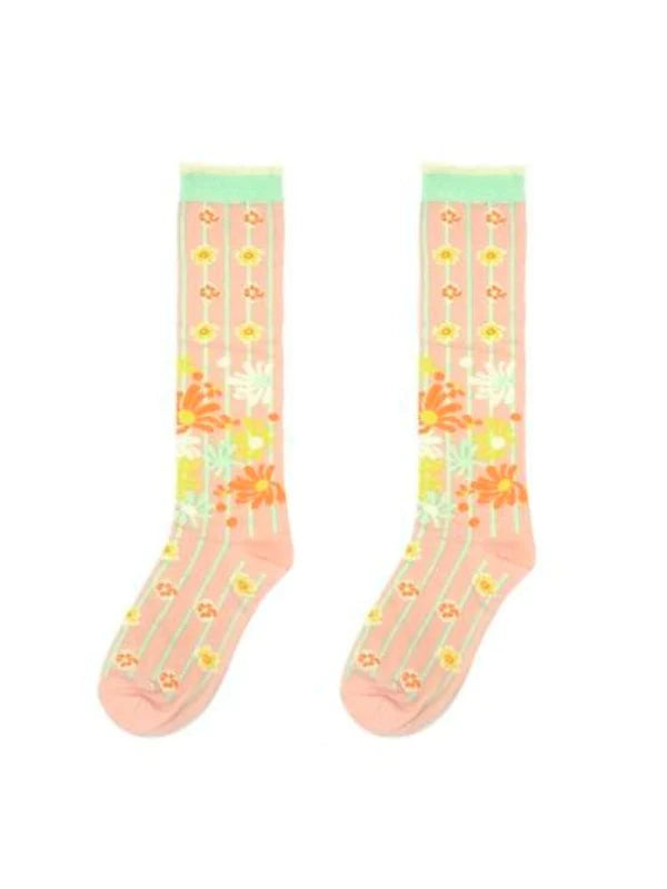 Orange Pink Striped Flower Socks