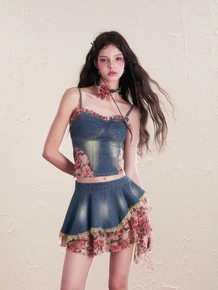 Denim Flower Mix Asymmetry Ciffon Feminine Tops & Mini-Skirt