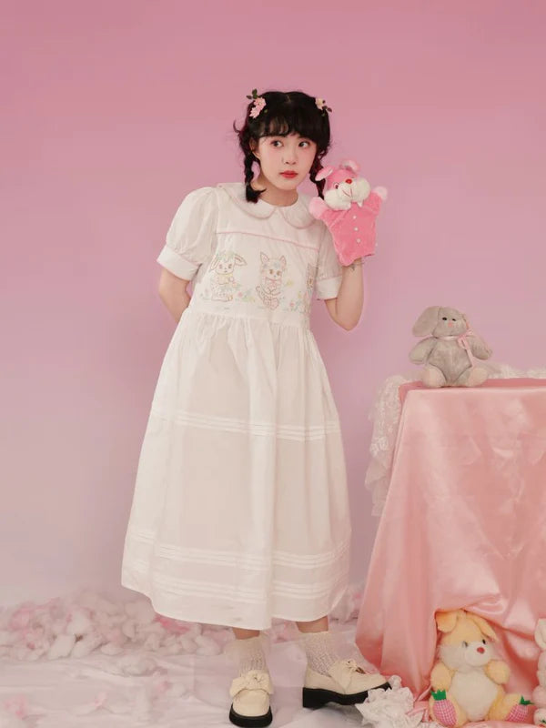 Vintage Animal Embroidery Hand Doll Collar Dress