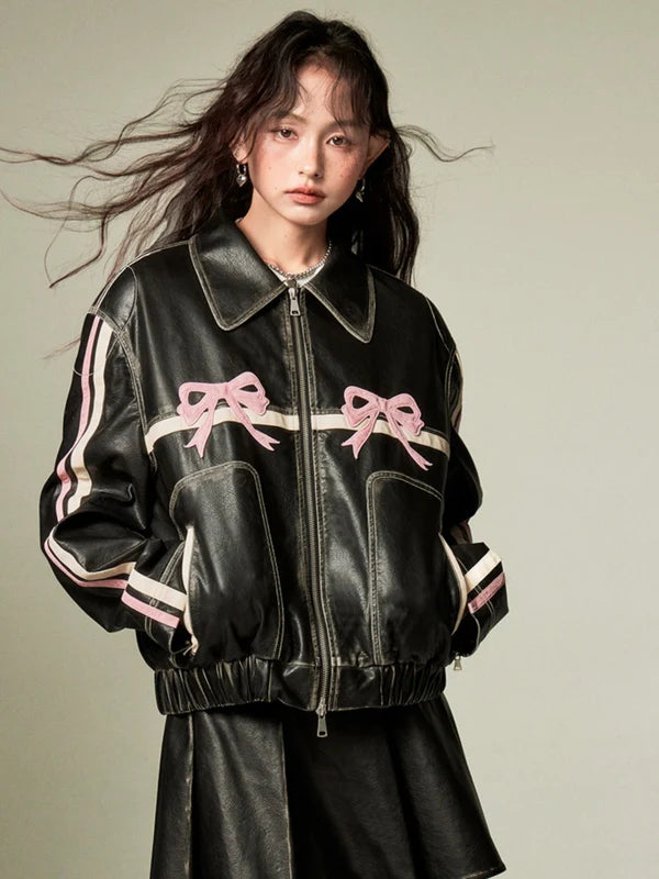 Bowknot Retro Color Painted Leather Jacket