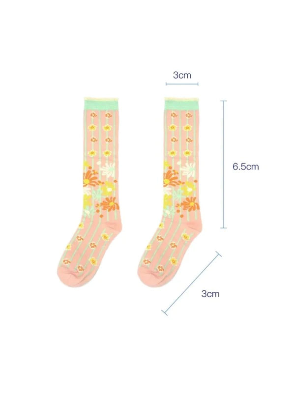 Orange Pink Striped Flower Socks