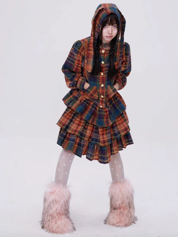 Retro Cute Fluffy Cake Rabbit Ear Plaid Dress