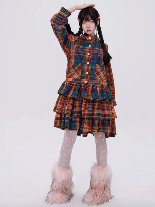 Retro Cute Fluffy Cake Rabbit Ear Plaid Dress