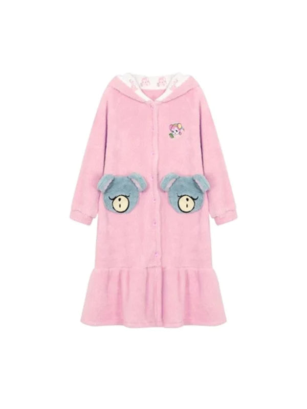 Pink Bear Coral Velvet Padded Thickened Long Pajamas