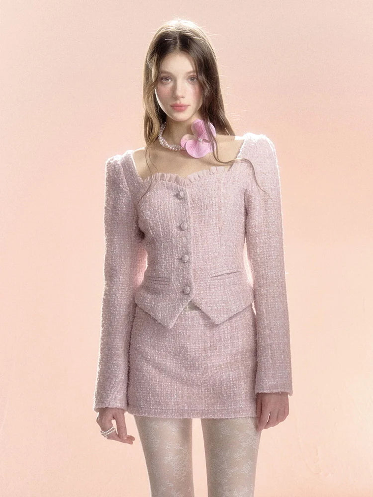 Tweed Feminine Set-Up Suit Slim Jacket & Mini-Skirt