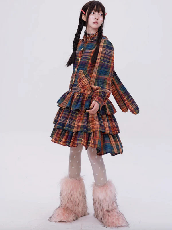 Retro Cute Fluffy Cake Rabbit Ear Plaid Dress