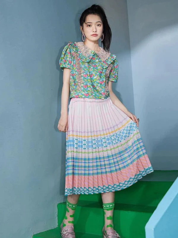 Macaron Plaid Stripe Pattern Print Pleated Skirt