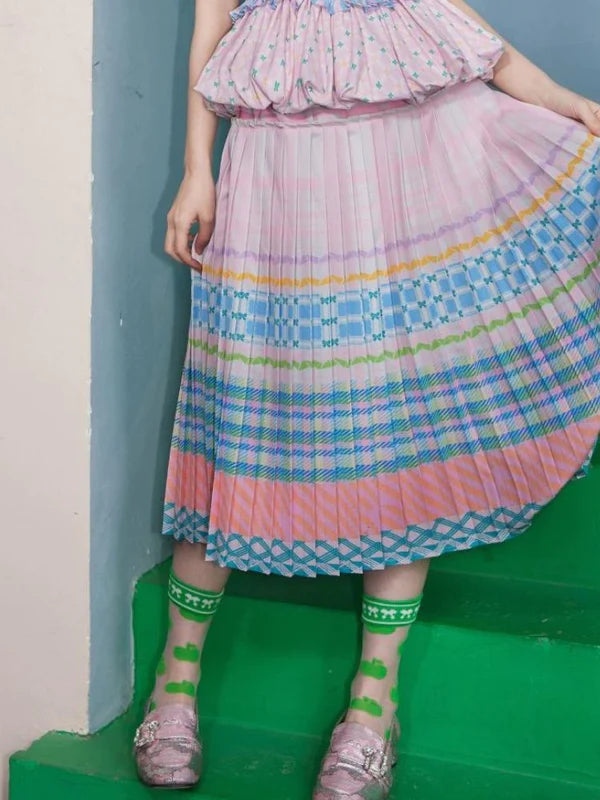 Macaron Plaid Stripe Pattern Print Pleated Skirt