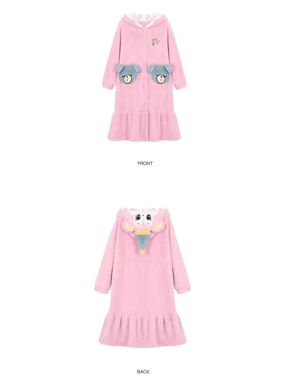 Pink Bear Coral Velvet Padded Thickened Long Pajamas