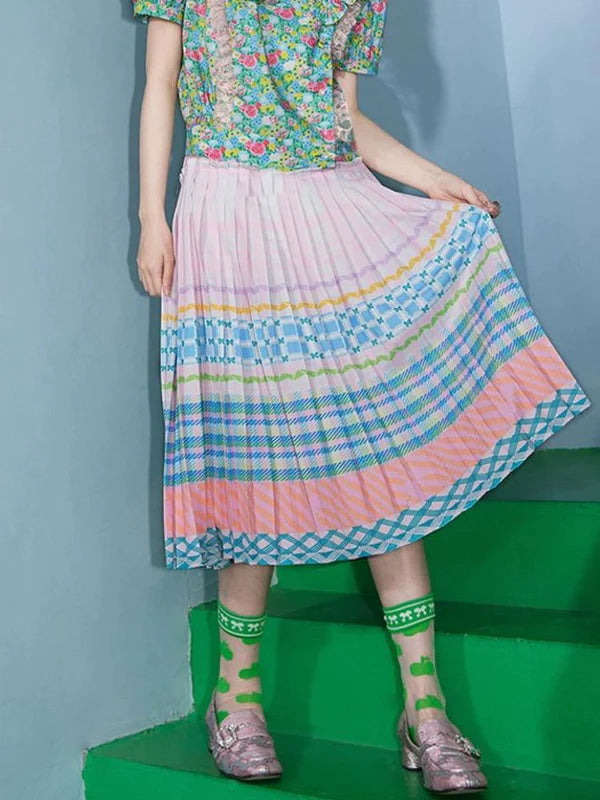 Macaron Plaid Stripe Pattern Print Pleated Skirt