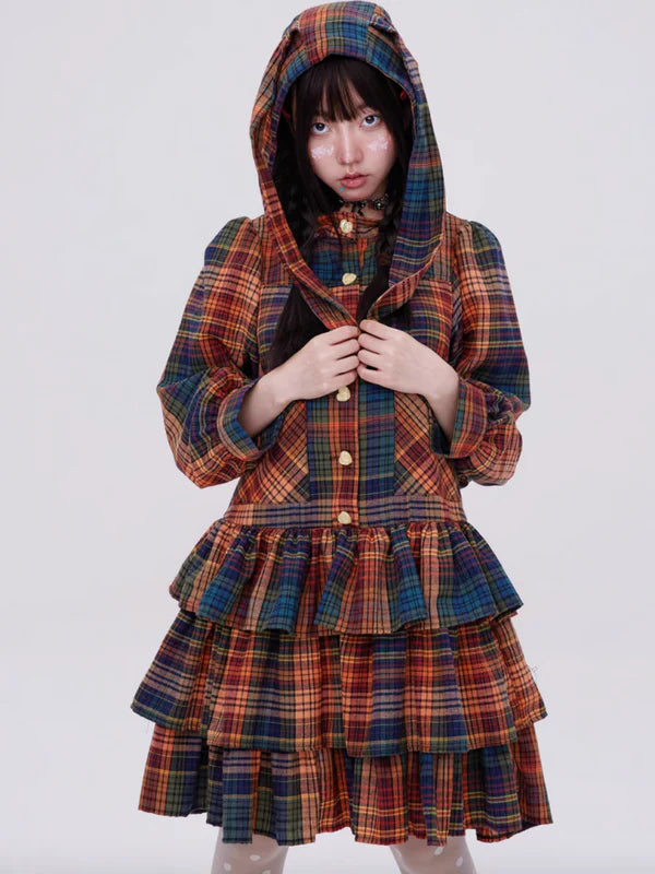 Retro Cute Fluffy Cake Rabbit Ear Plaid Dress