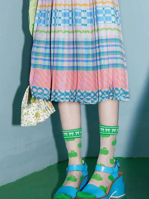 Macaron Plaid Stripe Pattern Print Pleated Skirt