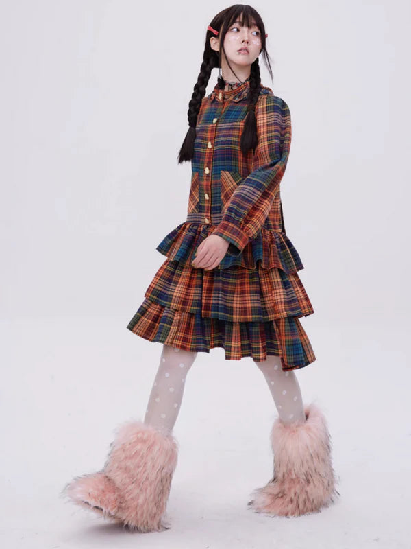 Retro Cute Fluffy Cake Rabbit Ear Plaid Dress