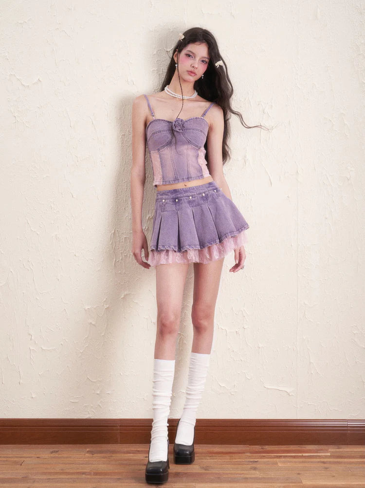 Color-Denim Feminine Lace Rose Tops & Mini-Skirt