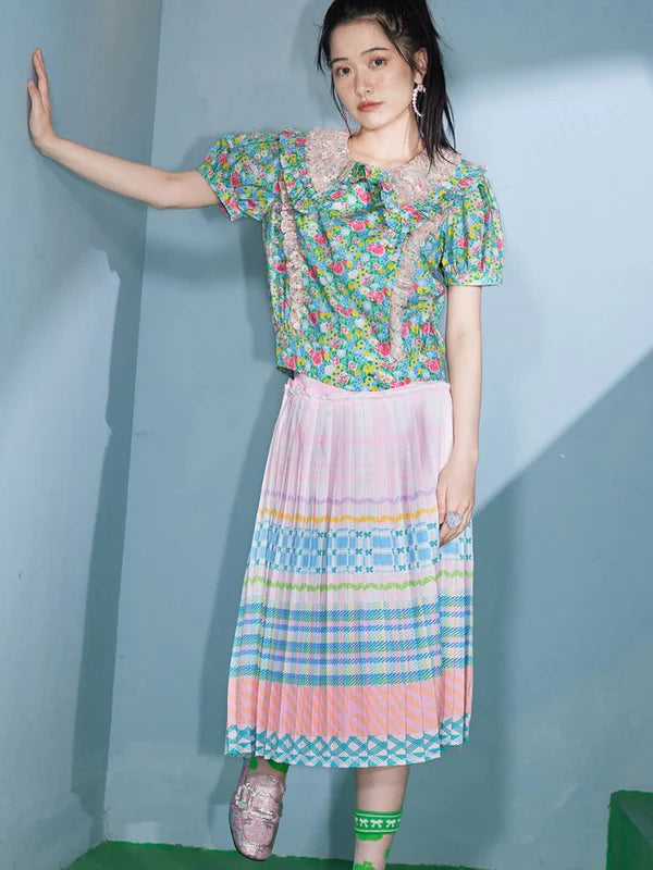 Macaron Plaid Stripe Pattern Print Pleated Skirt