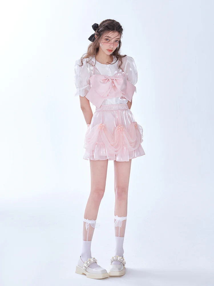 Pink Glossy Bow Halter Corset + Ruffle Skirt