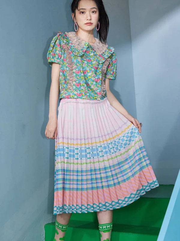 Macaron Plaid Stripe Pattern Print Pleated Skirt