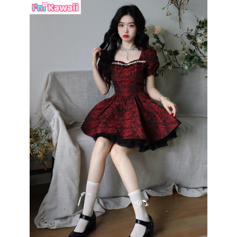 Rose short skirt square-neck lace dress #PN-5011