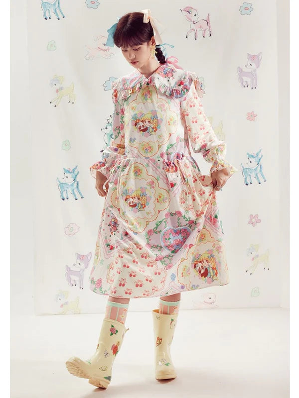 Shimizu Illustration Bear & Girl Print Princess A-line Dress