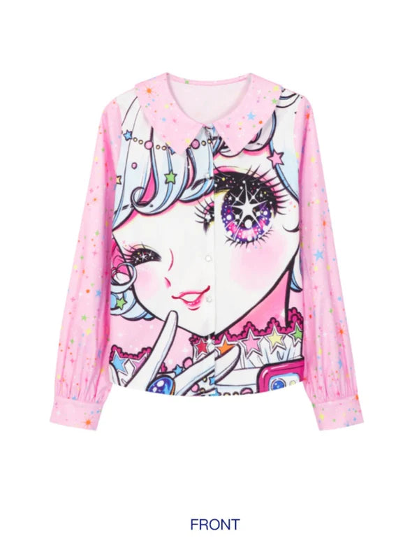 Shimizu Illustration Big Eyes Cute Girl Star Pattern Shirt