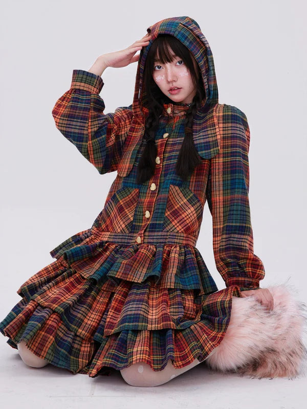 Retro Cute Fluffy Cake Rabbit Ear Plaid Dress