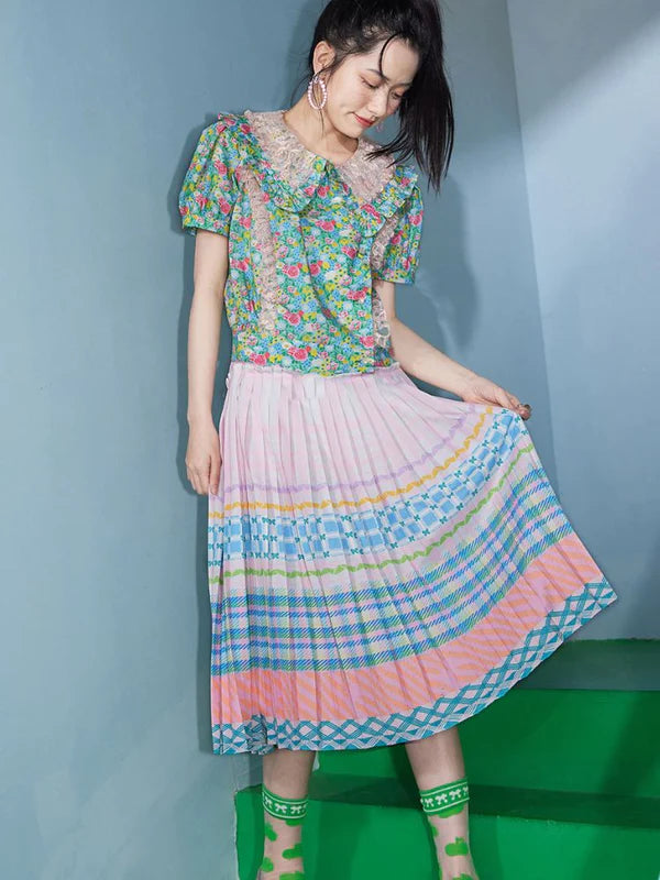 Macaron Plaid Stripe Pattern Print Pleated Skirt