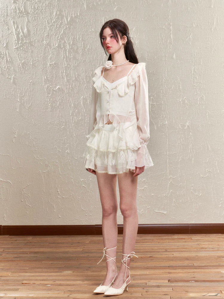 Sheer Frill Lace Feminine Blouse & Mini-Skirt