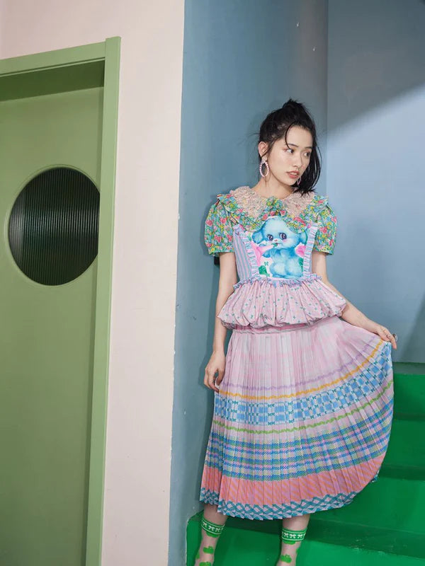 Macaron Plaid Stripe Pattern Print Pleated Skirt