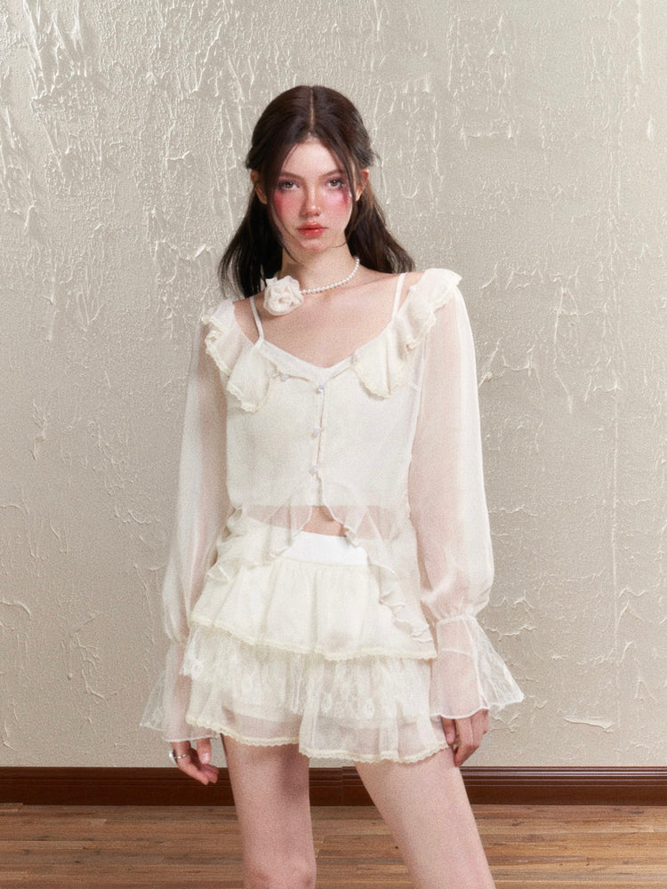 Sheer Frill Lace Feminine Blouse & Mini-Skirt