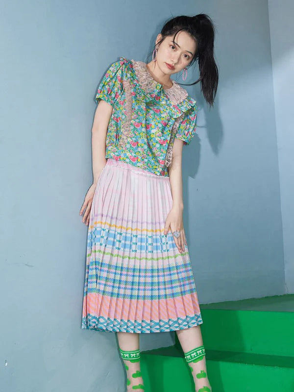 Macaron Plaid Stripe Pattern Print Pleated Skirt