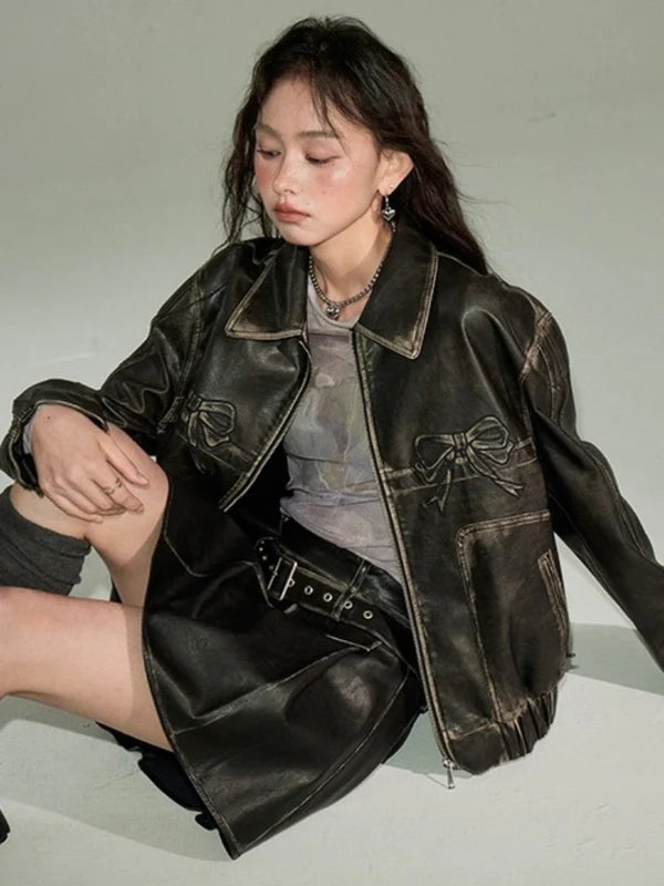 Bowknot Retro Color Painted Leather Jacket