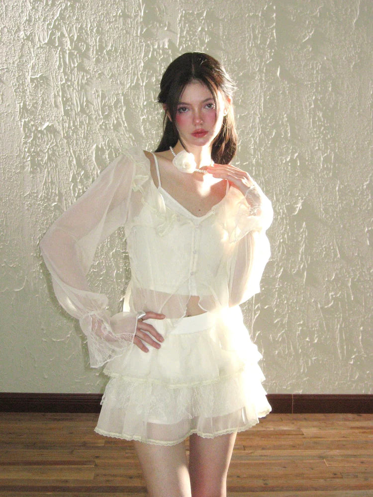 Sheer Frill Lace Feminine Blouse & Mini-Skirt