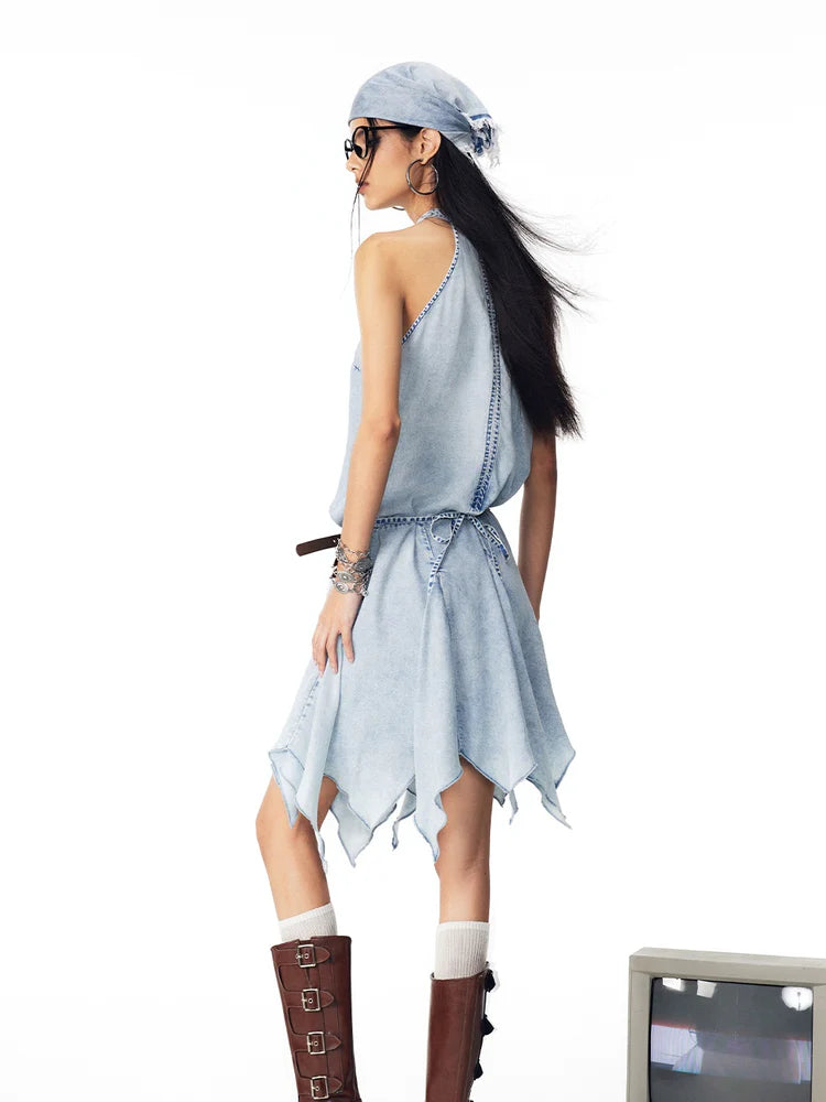 Asymmetry Denim Sleeveless Casual One-piece- Outfits Ideas