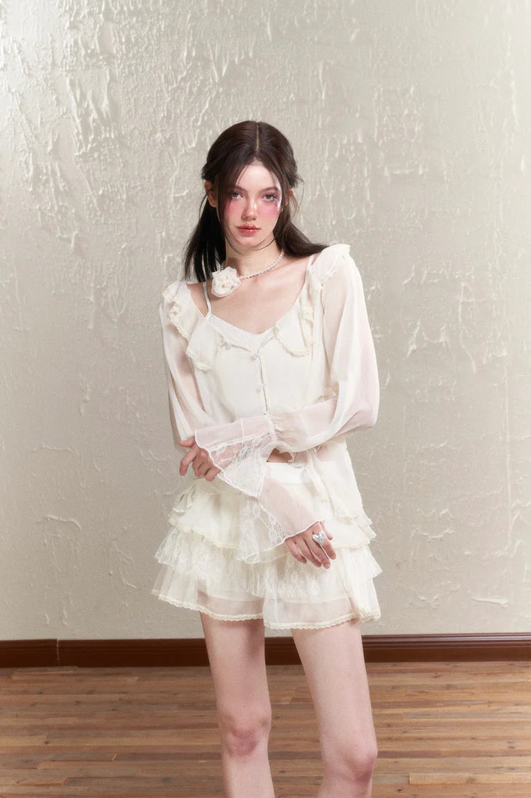 Sheer Frill Lace Feminine Blouse & Mini-Skirt