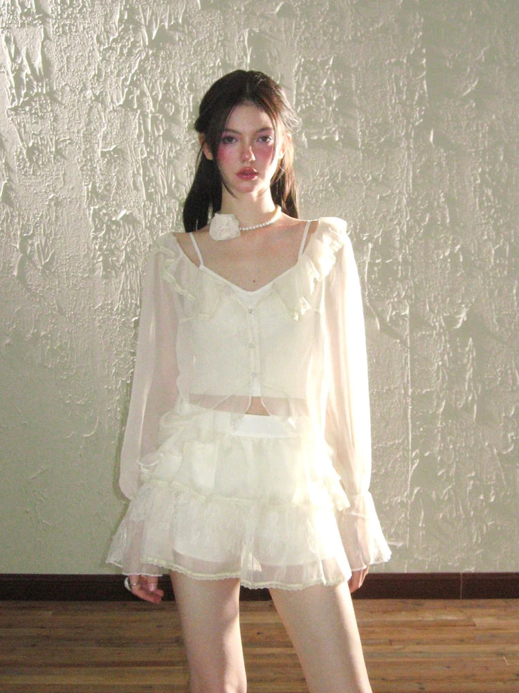 Sheer Frill Lace Feminine Blouse & Mini-Skirt