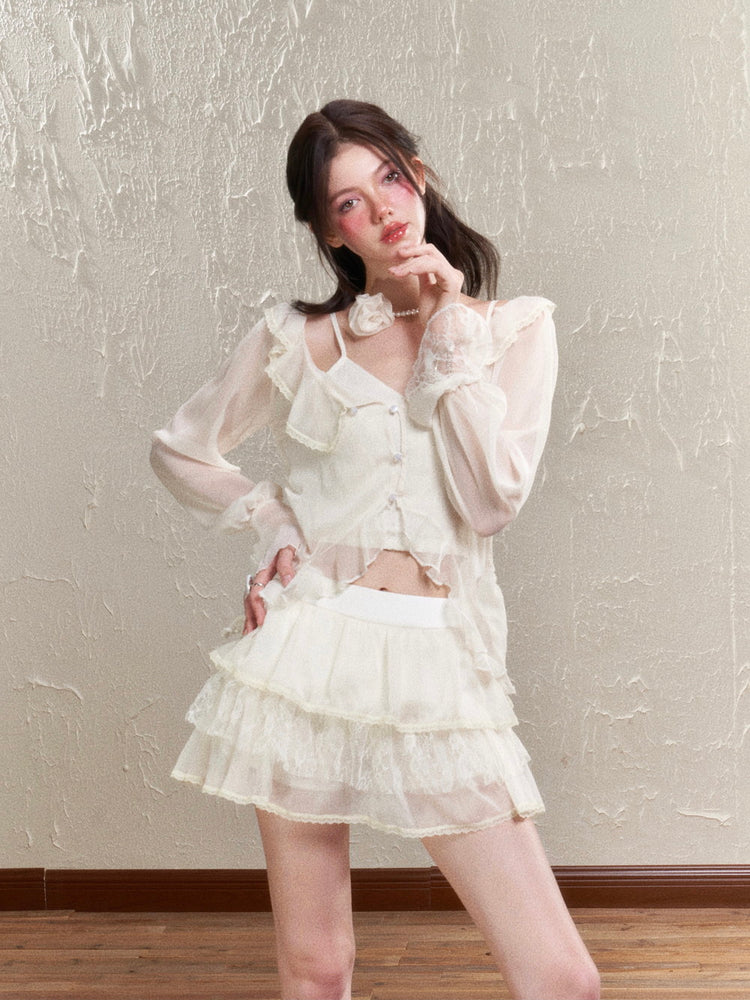 Sheer Frill Lace Feminine Blouse & Mini-Skirt