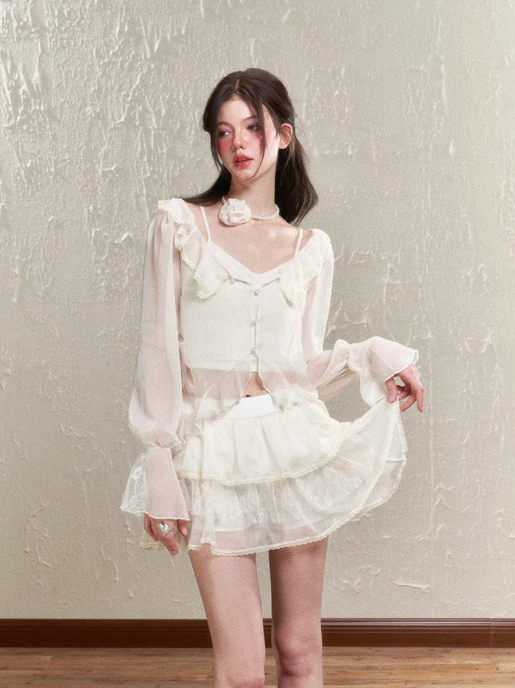 Sheer Frill Lace Feminine Blouse & Mini-Skirt