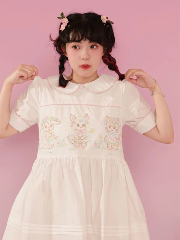 Vintage Animal Embroidery Hand Doll Collar Dress