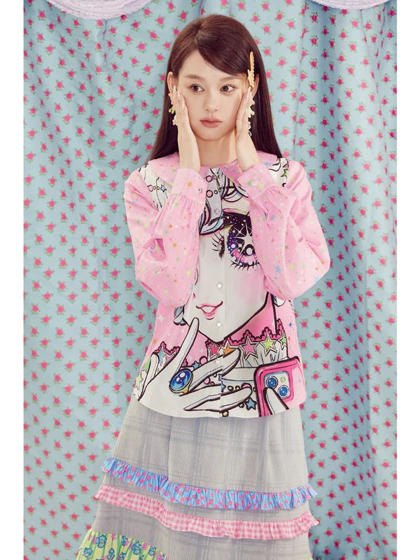 Shimizu Illustration Big Eyes Cute Girl Star Pattern Shirt