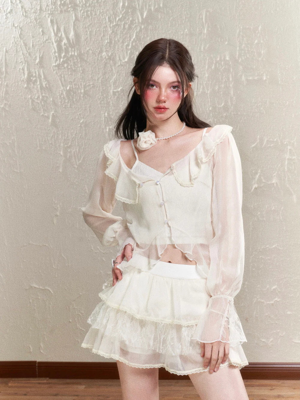 Sheer Frill Lace Feminine Blouse & Mini-Skirt