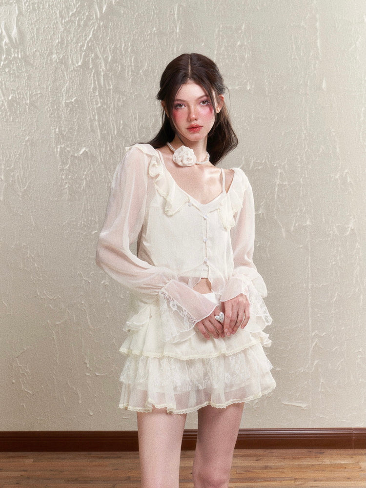 Sheer Frill Lace Feminine Blouse & Mini-Skirt