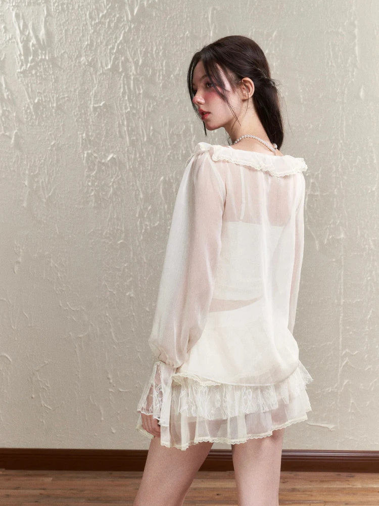 Sheer Frill Lace Feminine Blouse & Mini-Skirt