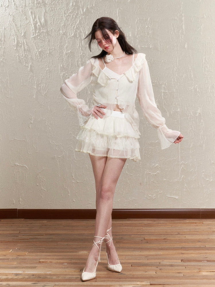 Sheer Frill Lace Feminine Blouse & Mini-Skirt